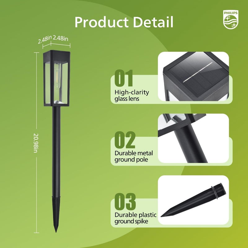 Philips 6 Packs Solar Pathway Lights Outdoor, Glass Metal Led Garden Landscape Lightings, 3000K Warm White, Waterproof for Decor Yard, Walkway, Patio, Driveway, Lawn - Image 3